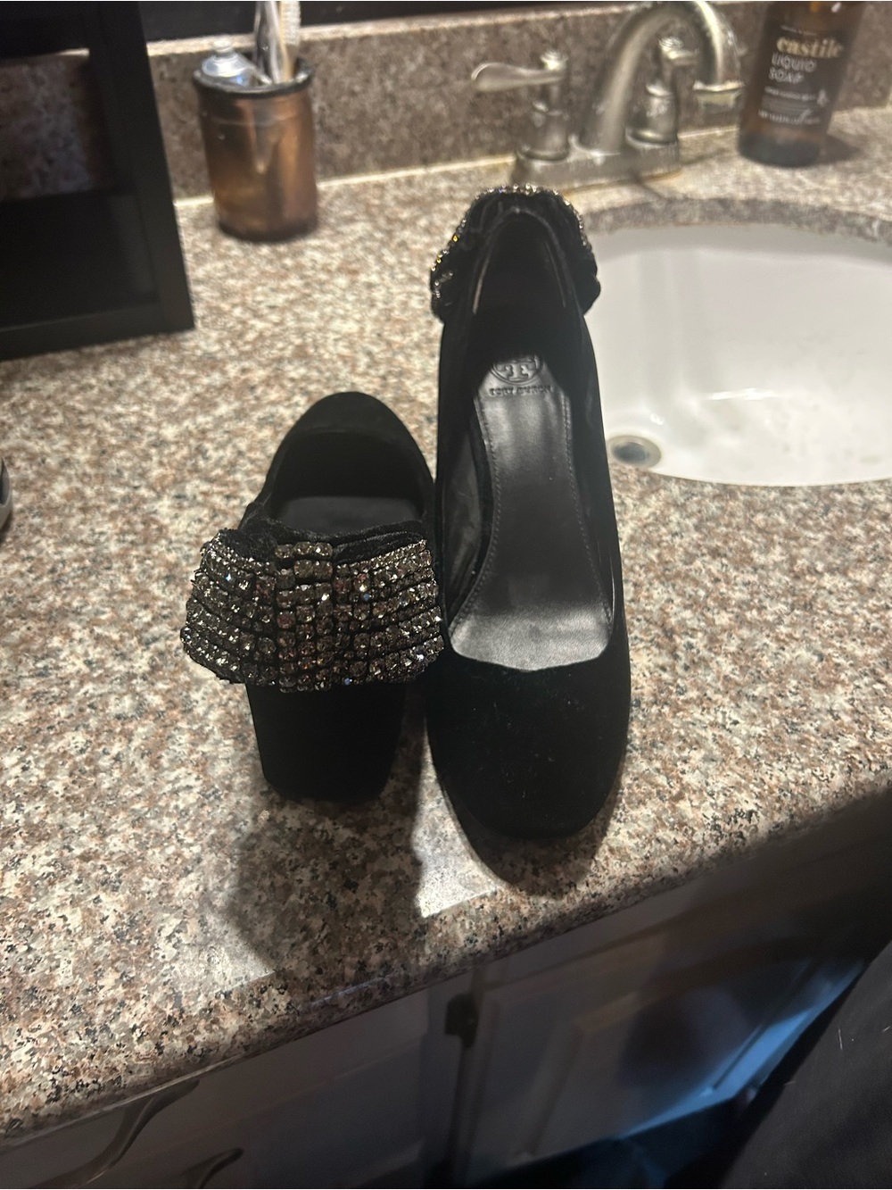 Tory Burch Black Velvet Heels with Crystal Bows - Picture 3 of 12